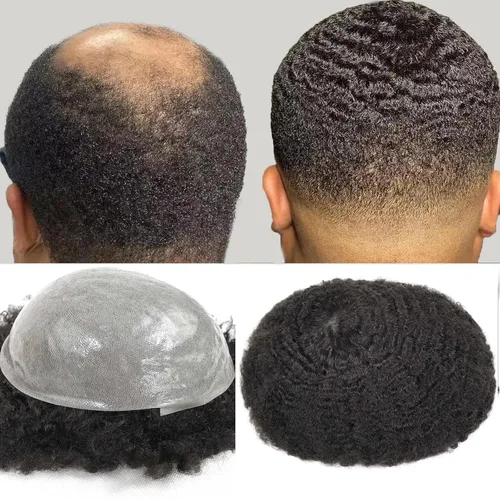 Miniatura 10 de HAPPY&CC Manejar cabello afro unidad negro hombres cabello humano toupee peluca francesa encaje pieza de pelo sistema de reemplazo para hombres #1
