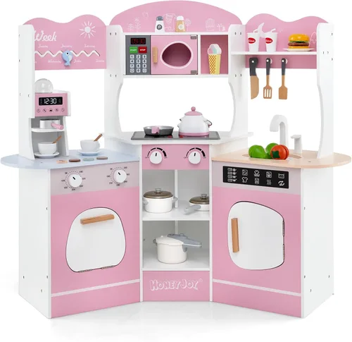 HONEY JOY Cocina de Jugar de Rincón, Juego de Cocina de Madera para Niños Pequeños con Luces, Cafetera, Microondas, Fregadero, Grifo, Juego de