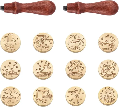 Miniatura 13 de Elecrelive - Juego de sellos de cera, 12 piezas con diseño de constelaciones, cabezas de sellado con 2 piezas de mango de madera de haya