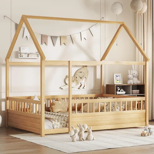 Miniatura 10 de Bellemave Cama individual para niños con marco de techo de casa y valla de seguridad, cama Montessori de madera, cama de perfil bajo para niños