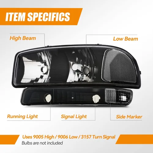 Miniatura 2 de Ensamble de faros Cxdar Compatible con 99-07 GMC SIERRA 1500 2500 1500HD 2500HD 3500HD/ 1999-2006 YUKON 1500 2500/2001 SIERRA C3, Carcasa negra 4
