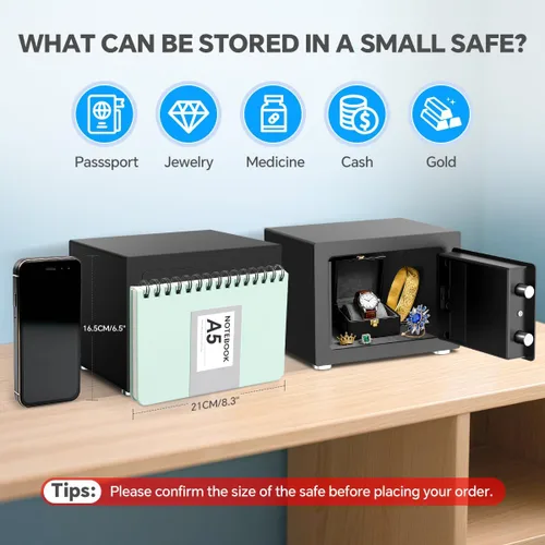 Miniatura 3 de Caja fuerte pequeña para el hogar, 6.7 pulgadas de profundidad x 9 pulgadas de ancho x 6.7 pulgadas de alto, caja de seguridad electrónica con Negro