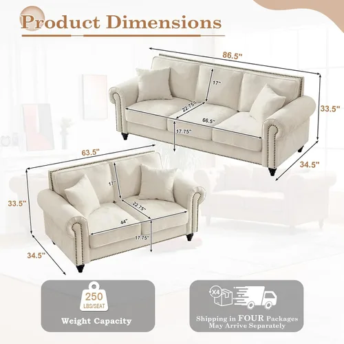 Miniatura 2 de Juego de sofá moderno y sofá biplaza Chesterfield de chenilla de lujo, cómodo sofá tapizado con asiento profundo con reposabrazos enrollados y Beige