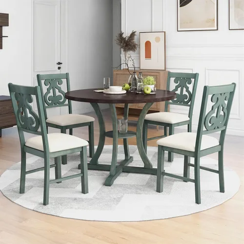 Miniatura 2 de Bellemave Juego de mesa de comedor redonda de madera de 5 piezas y 4 sillas tapizadas, juego de comedor retro para 4 personas, ideal para cocina