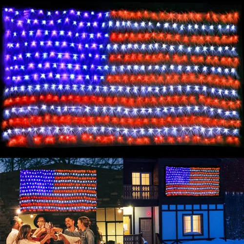 Luces de bandera estadounidense, 420 luces LED de red de bandera de Estados Unidos, decoraciones del 4 de julio, decoración patriótica impermeable