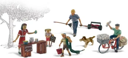 Summertime Jobs (Paperboy, Lawn Boy, soporte de limonada con 3 figuras y perro) Escala HO Woodland Scenics