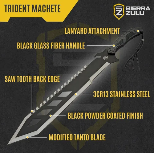 Miniatura 2 de Sierra Zulu Trident Machete - Acero inoxidable, 24.0 pulgadas en general, hoja modificada Tanto con borde trasero de diente de sierra, funda táctica