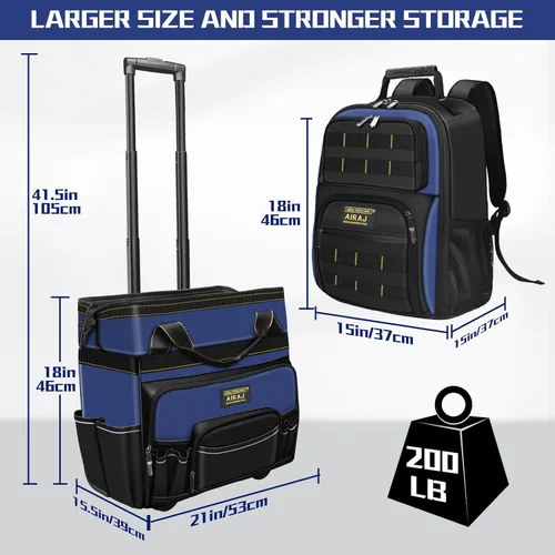 Miniatura 2 de AIRAJ Bolsa de herramientas rodante de 21 pulgadas con ruedas y juego de mochila de herramientas de 18 pulgadas Asa telescópica ajustable Bolsa