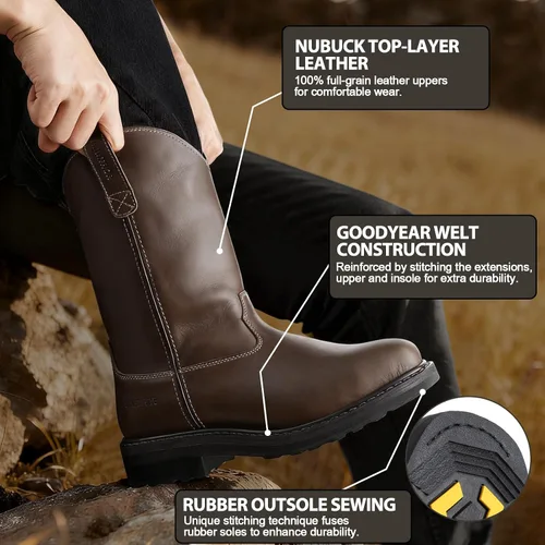 Miniatura 6 de Botas de trabajo con punta de acero para hombre, a prueba de pinchazos con suela media de EVA, GoodyearWelt, cuero de grano completo, resistente al
