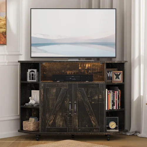 Miniatura 8 de 4 EVER WINNER Soporte de TV esquinero, gabinete de TV esquinero estilo granja con luces LED para TV de 50 pulgadas, estantes ajustables, soporte