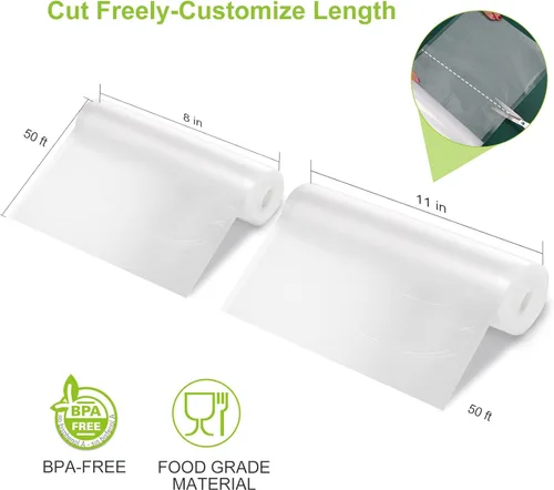 Miniatura 2 de Bonsenkitchen Bolsas de sellado de alimentos al vacío, 8 pulgadas x 50 pies y 11 pulgadas x 50 pies, rollos de bolsa de grado comercial sin BPA