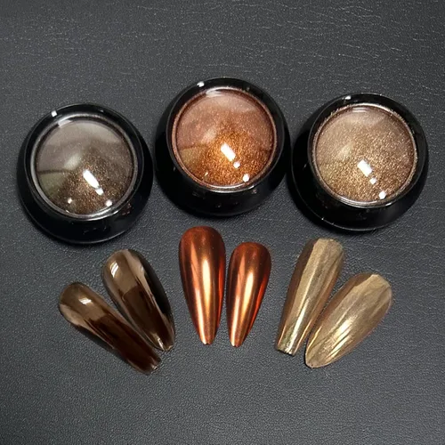 Miniatura 7 de Kit de polvo de uñas cromado dorado de 3 frascos, arte de uñas con efecto espejo metálico para esmalte de gel, juego de cobre dorado (cobre)