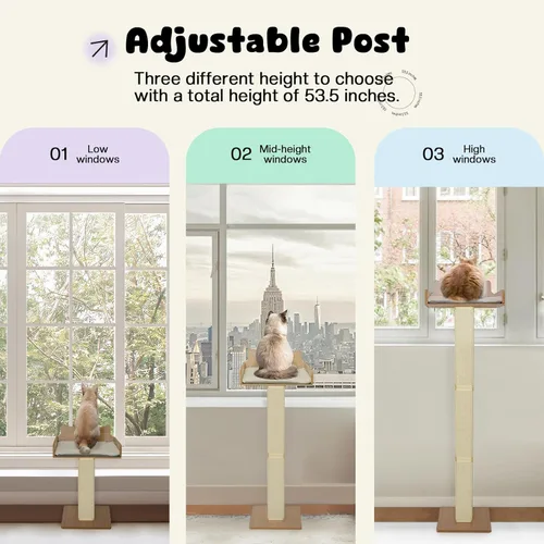 Miniatura 6 de Percha para ventana de gato con poste rascador de sisal grueso, hamaca para gatos para ventana, poste rascador alto ajustable de 53.5" para gatos