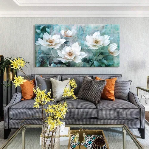 Miniatura 4 de Arte de pared de rosas abstractas para sala de estar, pintura verde gris de 30 x 60 pulgadas, pinturas de acuarela flores floribunda enmarcadas
