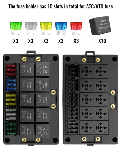 Miniatura 2 de Caja de relé de fusibles de 12V con 15 fusibles y 10 relés y terminales, 15 ranuras para fusibles y 10 ranuras para relés de 4/5 pines, soporte