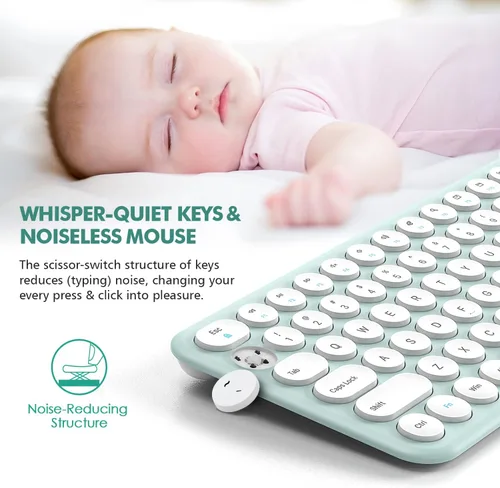 Miniatura 3 de Combo de teclado y mouse inalámbricos, 2.4 GHz, silencioso, delgado, lindo, redondo, tamaño compacto, color verde, Kawaii, juego de teclado y mouse