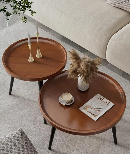 Miniatura 10 de 2 piezas de mesa de centro moderna de mediados de siglo, redonda para sala de estar, fácil de montar, mesas de centro anidables, mesa de centro