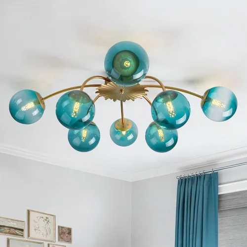 Miniatura 10 de Candelabros Sputnik dorados con globo de vidrio azul, lámpara de techo empotrada con 3 luces de acento de flor de mediados de siglo, candelabros
