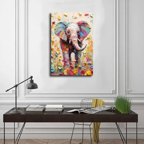 Miniatura 3 de Fyzuf Arte de pared de elefante - Pintura al óleo sobre lienzo, estilo cubismo, estética de elefante colorido, 12 x 18 pulgadas (11.8 x 17.7 in) sin
