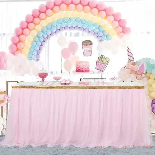 Miniatura 2 de Falda de tul con lentejuelas doradas para mesa de 6, 9 ó 14 pies, para fiestas de novia, bodas, fiestas de cumpleaños, etc., 6 ft, Rosado