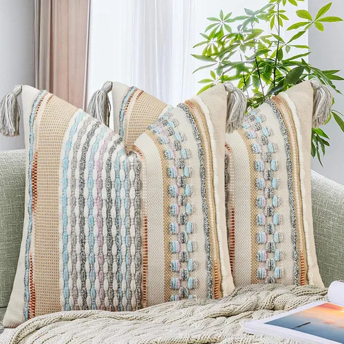 Miniatura 10 de AmHoo - Fundas de almohada de 18 x 18 pulgadas con borlas, fundas de almohada decorativas tejidas con textura de chenilla estilo boho para sofá