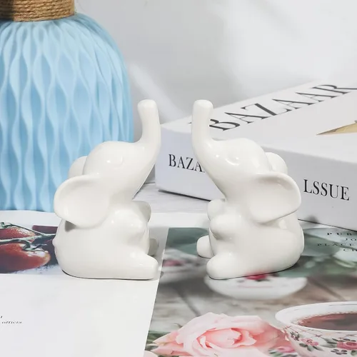 Miniatura 6 de Loving Pair - Juego de figuras de elefante blanco de cerámica, pequeña estatua de elefante para estantería, escritorio, decoración del hogar, regalo