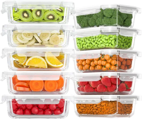 Bayco Paquete de 10 recipientes de vidrio para preparación de comidas, recipientes de almacenamiento de alimentos con tapas, cajas herméticas Bento
