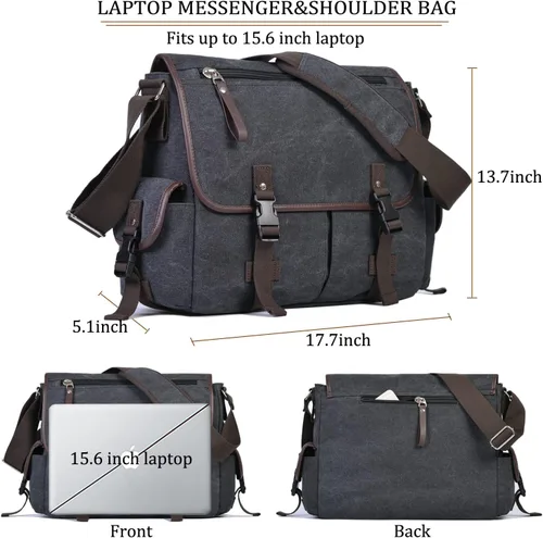 Miniatura 3 de Bolsa de mensajero vintage de lona para laptop de 15.6 pulgadas para hombres y mujeres, bolsa de hombro para computadora universitaria, maletines