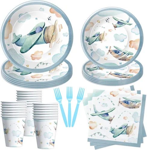 Suministros para fiesta de cumpleaños de avión – Vajilla de decoración de aviones, plato de papel, taza, servilleta, tenedor, vajilla de baby shower