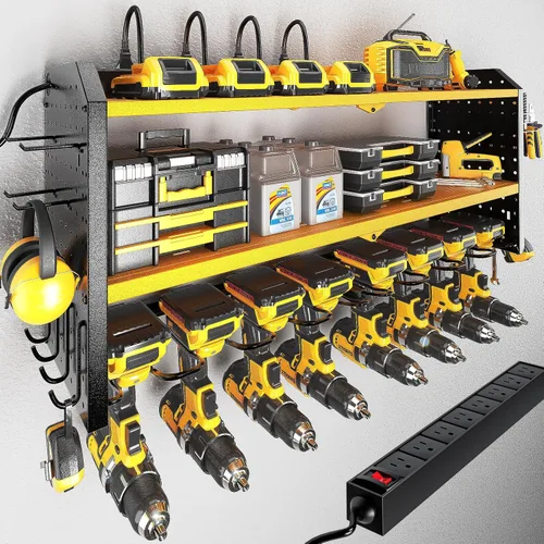 Miniatura 10 de KAFAHOM Organizador de herramientas eléctricas con estación de carga, regleta de alimentación integrada de 8 tomas, soporte de pared grande para 8