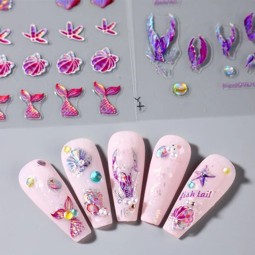 Miniatura 7 de Calcomanías de uñas de cola de sirena de ensueño 5D, calcomanías de uñas de verano 5D en relieve láser de sirena, calcomanías de arte de uñas de ola
