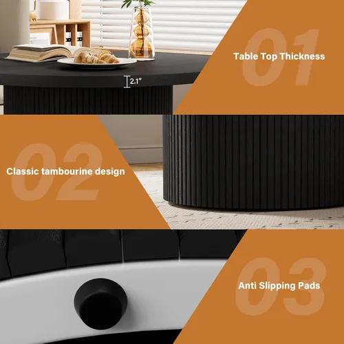 Miniatura 5 de Furniway Mesa de centro redonda, mesa de centro circular de 35.4 pulgadas de ancho, mesa de madera y mesa central para sala de estar, color negro