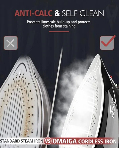 Miniatura 6 de OMAIGA - Plancha inalámbrica para ropa, plancha de vapor de 1500W con calentamiento rápido, suela de cerámica, apagado automático, autolimpieza