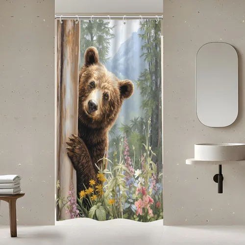 Miniatura 2 de Riyidecor Cortina de ducha de oso pequeño para decoración de baño, 36 pulgadas de ancho x 72 pulgadas de alto, caravana, mitad de vida silvestre