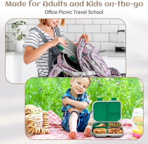 Miniatura 7 de BABHAMNESS Lonchera Bento de acero inoxidable para niños, 3 compartimentos a prueba de fugas, lonchera Bento de metal, contenedores de almuerzo Verde