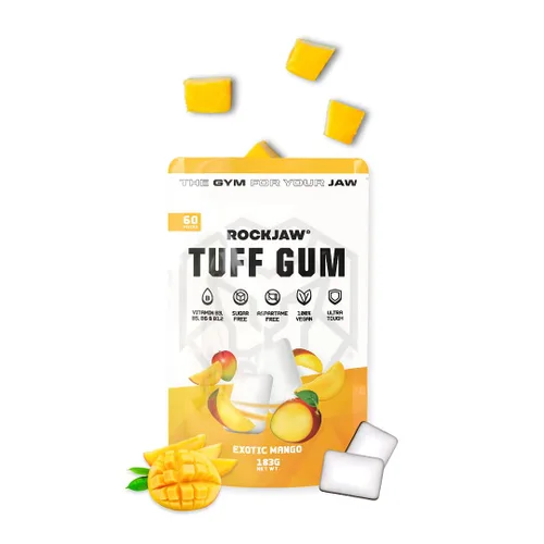 ROCKJAW Jawline Gum Tuff Gum 2.0 con complejo de vitamina B - 100% xilitol, sin aspartamo, sin azúcar, mango exótico (sin tim) - Suministro para 2