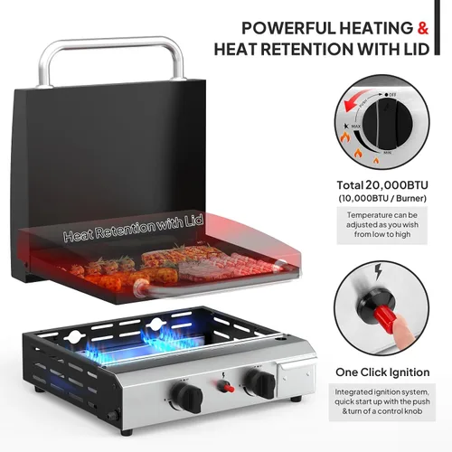 Miniatura 2 de Bonnlo Plancha de Propano de 20000BTU con Tapa e Ignición, Parrilla de Gas de Superficie Plana de Pie con Ruedas Rodantes Portátiles y Estante