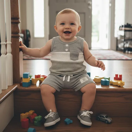 Miniatura 3 de Ropa de bebé niño sin mangas + pantalones cortos con estampado a rayas con bolsillos, 2 piezas de trajes de verano