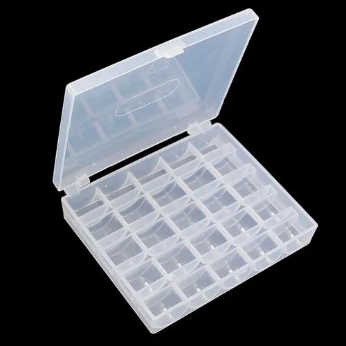 Caja de canillas, organizador de canillas en caja de plástico transparente con 25 ranuras para bobinas vacías, caja de almacenamiento de plástico