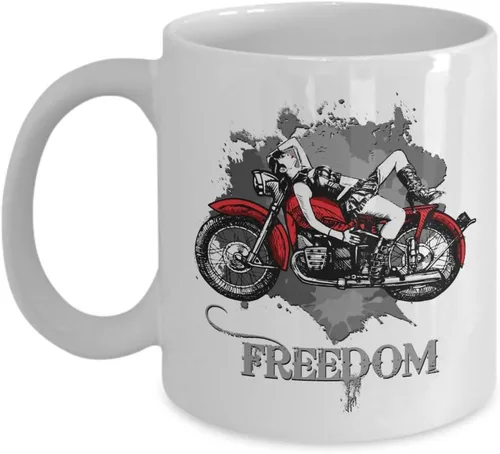Freedom With Grunge Lady On A Vintage Café Racer Arte gráfico Taza de café y té, decoración de taza, accesorios, artículos y adorno estampado de