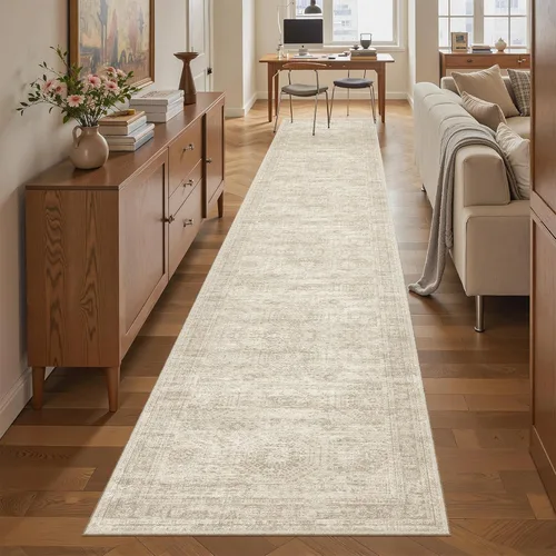 Miniatura 59 de Alfombra de pasillo Soalmost 2'6" x 10' lavable, alfombra antideslizante para cocina, baño, lavandería, alfombras vintage ultra delgadas para Beige