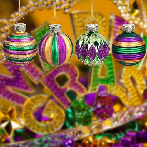 Miniatura 5 de Watayo 12 adornos de bola de vidrio Mardi Gras, bolas colgantes con purpurina de 1.5 pulgadas, adornos morados de Nueva Orleans, verde, adornos