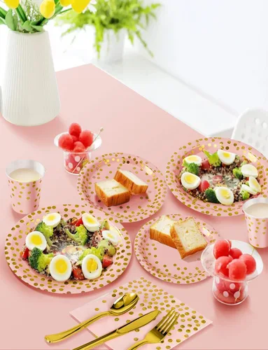 Miniatura 5 de Nkaiso 141 piezas de suministros de fiesta de oro rosa, los juegos de vajilla de fiesta incluyen platos de papel, servilletas, tazas y cubiertos