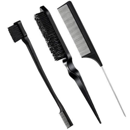 Miniatura 20 de Geiserailie Juego de 3 Cepillos para Cabello Slick Back, Cepillo de Cerdas, Control de Bordes, Peine Desenredante para Cabello Negro de Mujeres Rosa