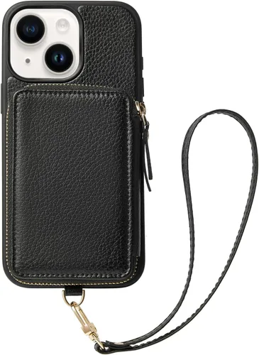 ZVE Funda tipo cartera para iPhone 13 con pulsera, funda de cuero con cremallera con ranuras para tarjetas con bloqueo RFID tipo monedero, funda