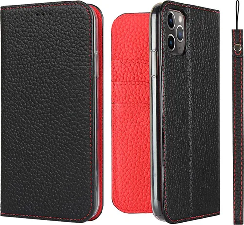 Miniatura 14 de iCoverCase Compatible con iPhone 11 Pro Max, funda magnética de piel auténtica con bloqueo RFID, correa para la muñeca y ranuras para tarjetas