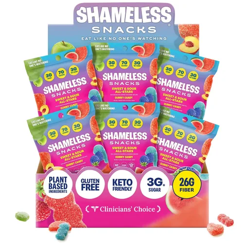 Shameless Snacks Sweet & Sour All-Stars, paquete de variedad de caramelos de gomitas ácidos, saludable, vegano, sin gluten, bajo en azúcar,