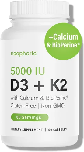 Noophoric Vitamina D3 K2 5000 UI, D3 con K2 MK7, cápsulas de vitamina D3 K2 con calcio y bioperina, sin OMG, sin gluten, sin soja, 60 cápsulas