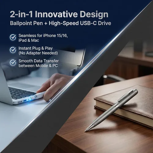 Miniatura 2 de Bolígrafo de tinta de almacenamiento USB-C (64-512 GB), unidad flash 2 en 1 y bolígrafo de escritura con 4 recambios y adaptador USB-A a C