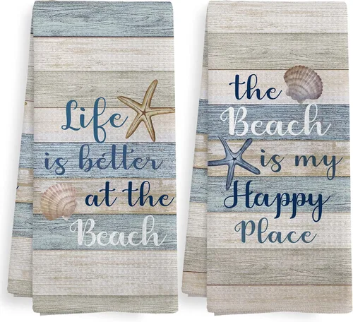 Juego de 2 toallas de cocina y paños de cocina de playa costera, decoración de playa, decoración de baño con temática náutica, paños de cocina de
